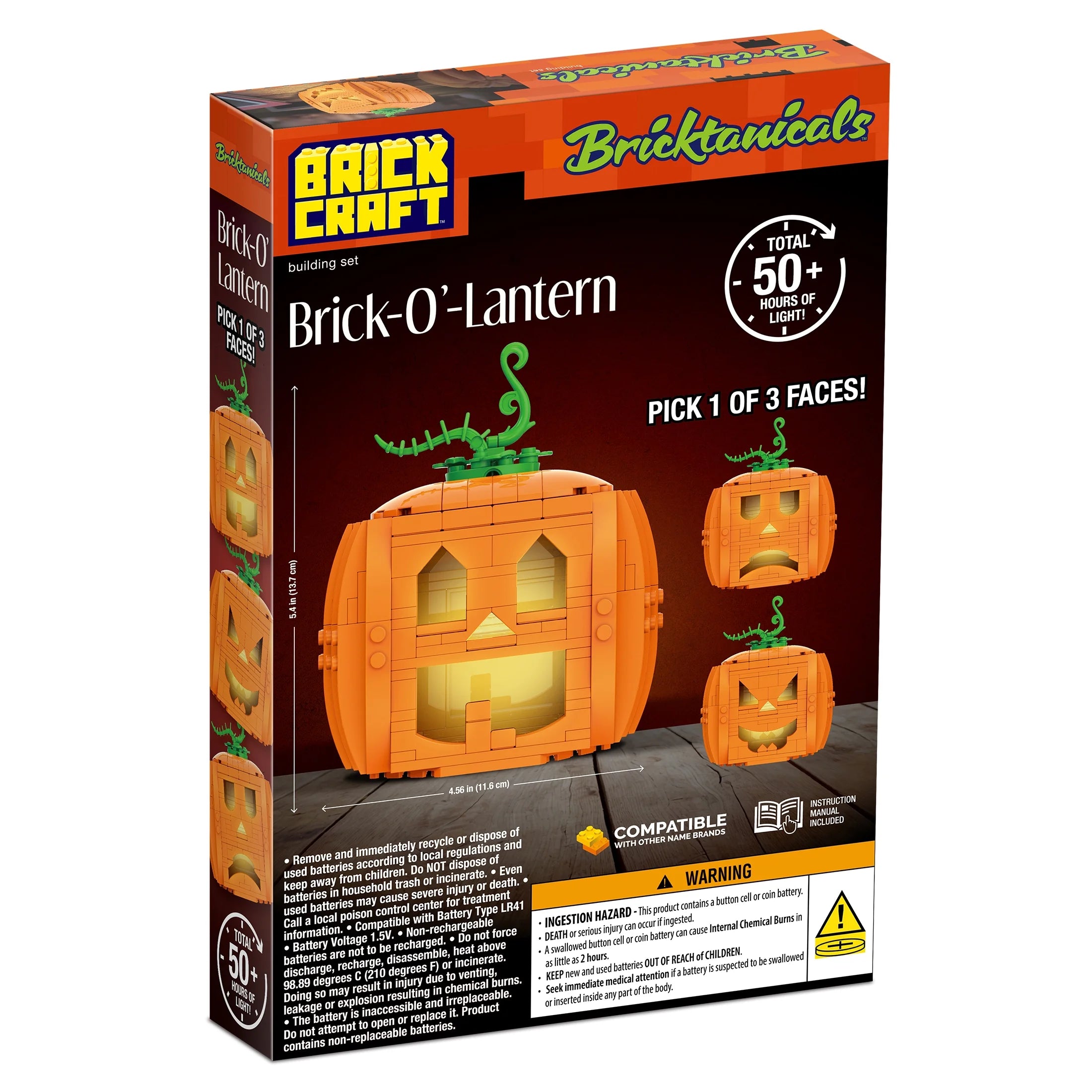Brick-O’-Lantern (233-Piece Pumpkin Kit)– Build 3 Faces with 2 Light Bricks, 13.7 Cm Tall Halloween Display for Ages 8+