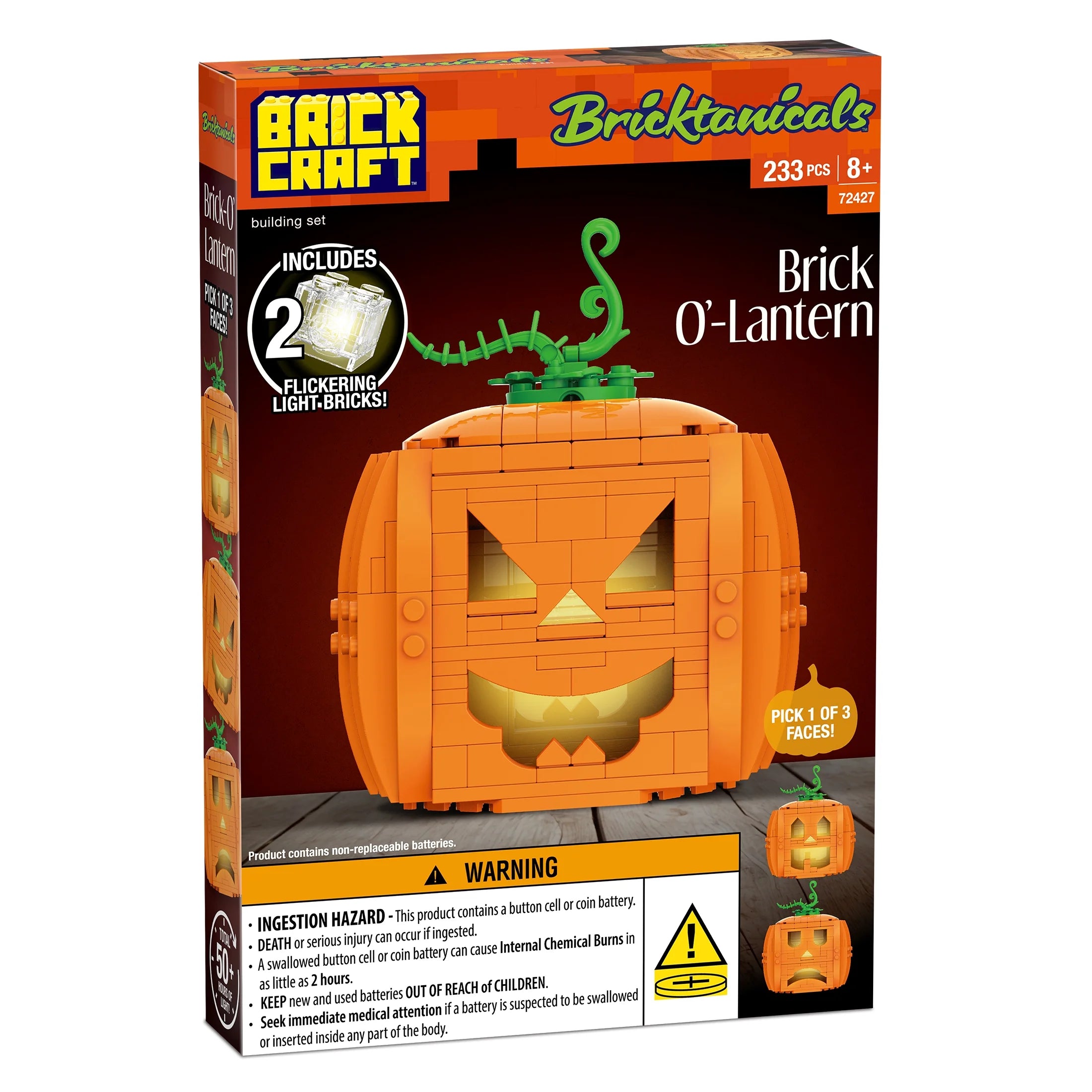 Brick-O’-Lantern (233-Piece Pumpkin Kit)– Build 3 Faces with 2 Light Bricks, 13.7 Cm Tall Halloween Display for Ages 8+