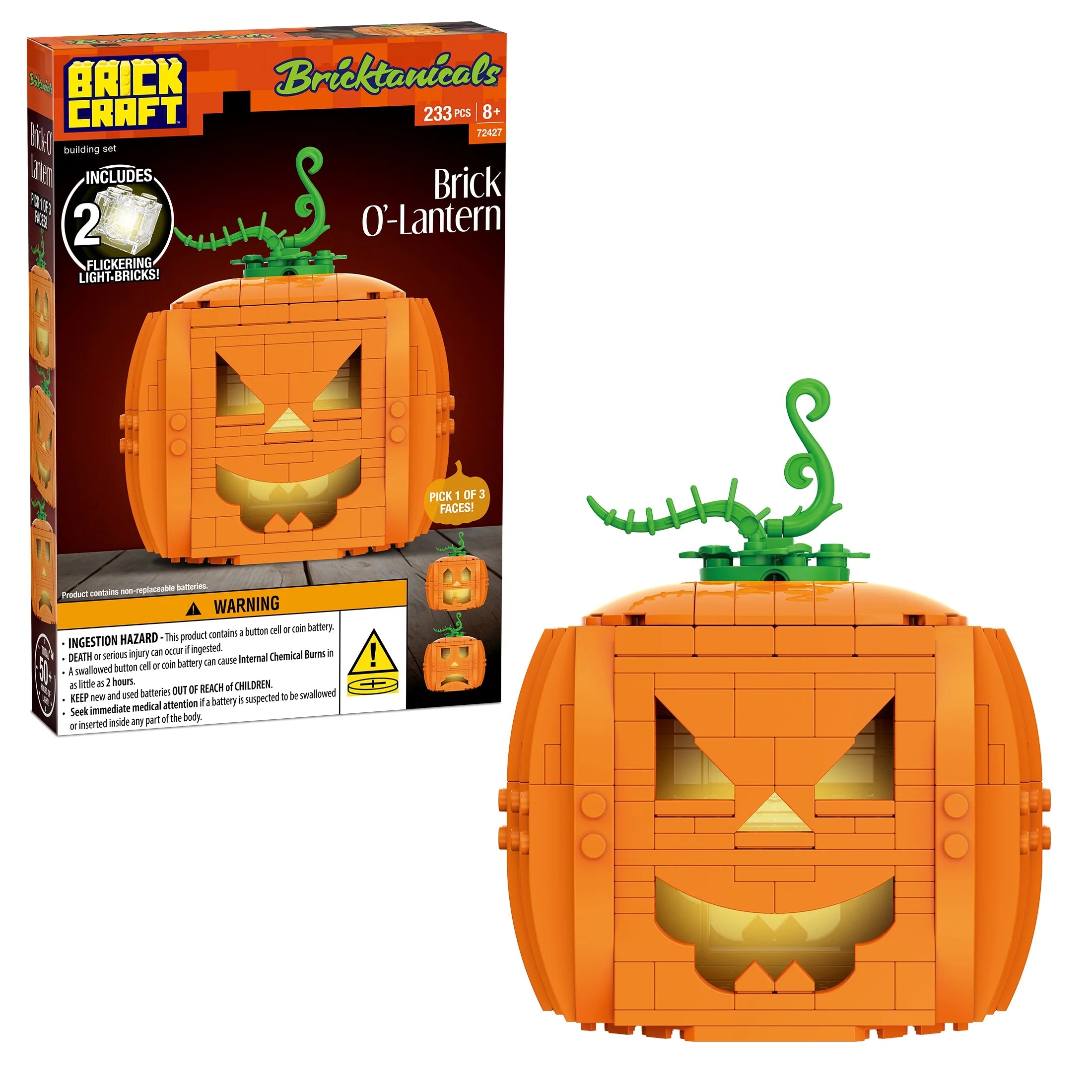 Brick-O’-Lantern (233-Piece Pumpkin Kit)– Build 3 Faces with 2 Light Bricks, 13.7 Cm Tall Halloween Display for Ages 8+