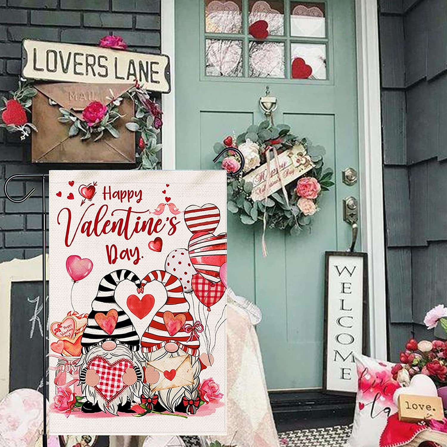 Valentines Day Garden Flag, Burlap Valentines Flag 12X18 Double Sided, Small Valentine Farmhouse Ourdoor Gnomes Welcome Love Yard Decor