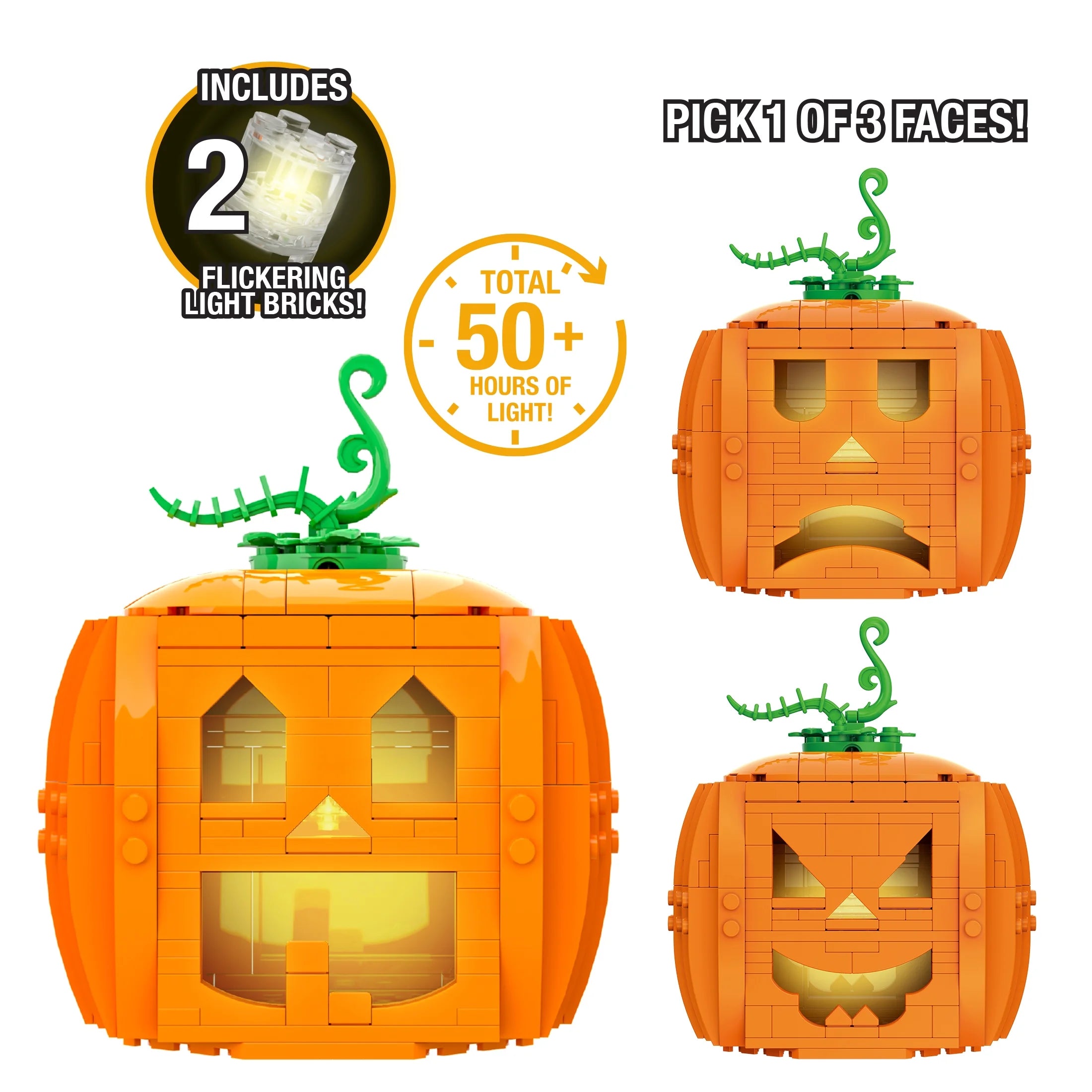 Brick-O’-Lantern (233-Piece Pumpkin Kit)– Build 3 Faces with 2 Light Bricks, 13.7 Cm Tall Halloween Display for Ages 8+